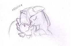 Size: 506x320 | Tagged: safe, artist:kelsea-chan, spike, twilight sparkle, dragon, pony, unicorn, eyes closed, female, floppy ears, male, mare, monochrome, nuzzling, spikelove