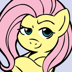 Size: 945x945 | Tagged: safe, artist:megasweet, fluttershy, pegasus, pony, crossed hooves, dreamworks face, female, looking at you, mare, simple background, smirk, smug, solo