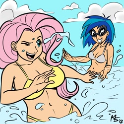 Size: 962x962 | Tagged: safe, artist:megasweet, artist:reaver, dj pon-3, fluttershy, vinyl scratch, human, belly button, bikini, breasts, clothes, female, hootershy, humanized, splash, splashing, swimsuit, vinyl stacked, water, white swimsuit, yellow swimsuit