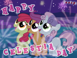 Size: 2400x1800 | Tagged: dead source, safe, artist:slitherpon, apple bloom, scootaloo, sweetie belle, earth pony, pegasus, pony, unicorn, adorabloom, cute, cutealoo, cutie mark crusaders, diasweetes, female, filly, fireworks, happy celestia day, looking up