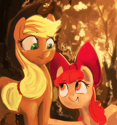 Size: 1024x1100 | Tagged: safe, artist:dimfann, apple bloom, applejack, earth pony, pony, :t, bow, female, filly, freckles, grin, hat, looking at each other, mare, sisters, smiling