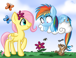 Size: 1347x1041 | Tagged: safe, artist:megasweet, fluttershy, rainbow dash, bee, butterfly, chipmunk, pegasus, pony, cloud, cloudy, cute, cutie mark, dashabetes, female, filly, flower, flower in hair, foal, frown, hooves, lying on a cloud, on a cloud, prone, raised hoof, scared, shyabetes, standing, tail pull, wavy mouth, wide eyes, wings, young