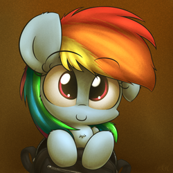 Size: 2400x2400 | Tagged: safe, artist:heavymetalbronyyeah, rainbow dash, pegasus, pony, backpack, c:, chest fluff, cute, dashabetes, female, filly, floppy ears, fluffy, looking at you, signature, smiling, solo