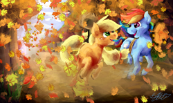 Size: 900x535 | Tagged: safe, artist:malicieuxx, applejack, rainbow dash, earth pony, pegasus, pony, fall weather friends, autumn, scene interpretation