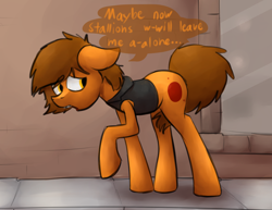 Size: 1280x987 | Tagged: safe, artist:marsminer, oc, oc only, oc:venus spring, pony, crossdressing, dialogue, disguise, female, mare, solo