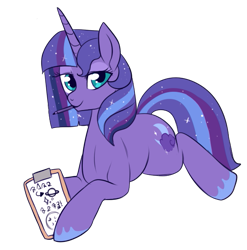 Size: 555x561 | Tagged: safe, artist:lulubell, oc, oc only, oc:moonlight eve, clipboard, magical lesbian spawn, mouth hold, next generation, offspring, parent:princess luna, parent:twilight sparkle, parents:twiluna, simple background, solo, transparent background