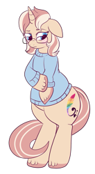 Size: 599x1092 | Tagged: safe, artist:lulubell, oc, oc only, oc:lulubell, pony, bipedal, chubby, clothes, glasses, simple background, solo, sweater, transparent background