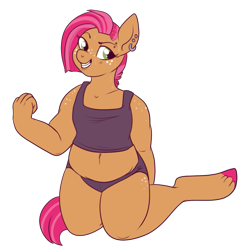 Size: 617x629 | Tagged: safe, artist:lulubell, babs seed, anthro, unguligrade anthro, belly button, binder, chubby, clothes, flexing, midriff, muffin top, older, piercing, simple background, solo, sweat, tanktop, transparent background, underwear