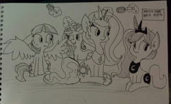 Size: 1096x666 | Tagged: safe, artist:tjpones, princess cadance, princess celestia, princess luna, twilight sparkle, twilight sparkle (alicorn), alicorn, pony, alicorn tetrarchy, brushing, female, hairbrush, mare, monochrome, traditional art