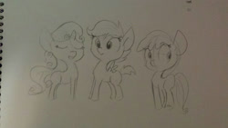 Size: 1280x720 | Tagged: safe, artist:tjpones, apple bloom, scootaloo, sweetie belle, cutie mark crusaders, monochrome, traditional art