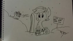 Size: 1280x720 | Tagged: safe, artist:tjpones, braeburn, double diamond, descriptive noise, horse noises, implied gay, monochrome, sign, skis, snow, snowfall, traditional art