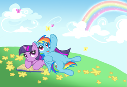 Size: 1095x755 | Tagged: safe, artist:ddhew, rainbow dash, twilight sparkle, butterfly, pegasus, pony, unicorn, book, cute, female, lesbian, mare, on back, prone, rainbow, shipping, twidash