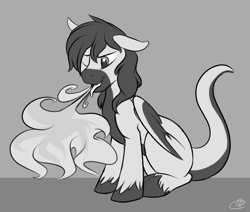 Size: 1280x1085 | Tagged: safe, artist:meggchan, oc, oc only, oc:jet brasshide, hybrid, pegasus, pony, explicit source, fire, fire breath, monochrome, solo, wink