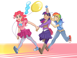 Size: 1606x1206 | Tagged: safe, artist:ddhew, pinkie pie, rainbow dash, twilight sparkle, human, balloon, belly button, clothes, converse, female, hat, humanized, midriff, party, party hat, shoes, skirt