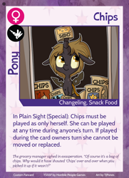 Size: 788x1088 | Tagged: safe, artist:tjpones, oc, oc only, oc:chips, changeling, changeling queen, horse wife, card, changeling oc, changeling queen oc, chips, disguise, female, potato chips, salt and vinegar chips, sitting, solo, twilight sparkle's secret shipfic folder