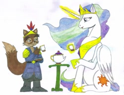 Size: 826x633 | Tagged: safe, artist:gojira007, princess celestia, alicorn, pony, crossover, female, king acorn, mare, sitting, sonic the hedgehog (series), traditional art