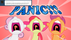 Size: 1280x720 | Tagged: safe, artist:jan, apple bloom, scootaloo, sweetie belle, earth pony, pegasus, pony, unicorn, ask the crusaders, cutie mark crusaders, female, filly, hilarious in hindsight, italian, moon, nose in the air, noses in the air, open mouth, panic, screaming, spread wings, termina's moon, text, the legend of zelda, the legend of zelda: majora's mask, tongue out, yelling