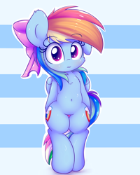 Size: 2400x3000 | Tagged: safe, artist:heavymetalbronyyeah, rainbow dash, pegasus, pony, semi-anthro, abstract background, belly button, bipedal, both cutie marks, bow, chest fluff, cute, daaaaaaaaaaaw, dashabetes, featureless crotch, female, girly, hair bow, hnnng, looking at you, ribbon, solo, tomboy taming, weapons-grade cute