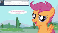 Size: 1280x720 | Tagged: safe, artist:jan, scootaloo, pegasus, pony, ask the crusaders, female, filly, open mouth, solo, speech bubble