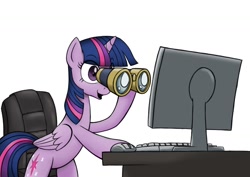 Size: 1200x850 | Tagged: safe, artist:anearbyanimal, twilight sparkle, twilight sparkle (alicorn), alicorn, pony, binoculars, chair, computer, eyes on the prize, female, leaning, mare, open mouth, ponified, reaction image, smiling, solo