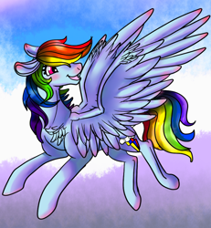 Size: 1000x1080 | Tagged: safe, artist:brainiac, rainbow dash, pegasus, pony, female, flying, full body, large wings, mare, solo