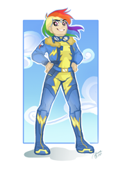 Size: 762x1078 | Tagged: safe, artist:ddhew, rainbow dash, human, clothes, female, goggles, hand on hip, humanized, solo, uniform, wonderbolts, wonderbolts uniform