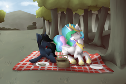 Size: 1280x858 | Tagged: safe, artist:marsminer, princess celestia, oc, oc:midnight song, alicorn, pony, eating, lunch, outdoors, picnic