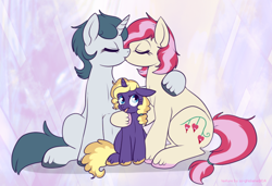 Size: 750x514 | Tagged: source needed, safe, artist:lulubell, oc, oc only, oc:aquaria lance, oc:bleeding heart, oc:sundial, earth pony, pony, unicorn, disgusted, eyes closed, female, floppy ears, frown, glare, hug, kissing, lesbian, sitting, smiling, tongue out, unshorn fetlocks