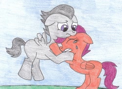 Size: 1612x1175 | Tagged: safe, artist:schwarzekatze4, rumble, scootaloo, pegasus, pony, colt, crying, female, filly, floppy ears, hug, male, rumbloo, sad, scootaloo can't fly, scootalove, shipping, straight, traditional art