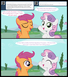 Size: 1320x1490 | Tagged: safe, artist:jan, scootaloo, sweetie belle, pegasus, pony, unicorn, ask, ask the crusaders, comic, female, filly