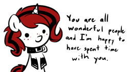 Size: 452x257 | Tagged: safe, artist:zajice, oc, oc only, oc:lilith, pony, unicorn, clothes, collar, cute, dialogue, female, freckles, gloves, ponified, simple background, smiling, solo, white background