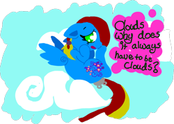 Size: 876x628 | Tagged: safe, artist:cotton, thistle whistle, pegasus, pony, g3, cloud, floppy ears, g3 to g4, generation leap, nephophobia, solo, that pony sure does fear clouds