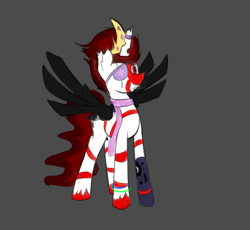 Size: 1280x1178 | Tagged: safe, artist:marsminer, oc, oc only, oc:crimson bloodwing, alicorn, changeling, cyborg, pony, broken horn, clothes, colored wings, joke oc, scarf