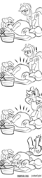 Size: 1200x5000 | Tagged: safe, artist:jcosneverexisted, apple bloom, applejack, pinkie pie, earth pony, pony, 30 minute art challenge, basket, bushel basket, comic, fat, monochrome, on back, pudgy pie, scared, shocked