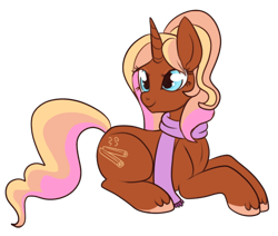 Size: 590x500 | Tagged: safe, artist:lulubell, oc, oc only, oc:cinnamon scent, pony, unicorn, clothes, female, mare, prone, scarf, simple background, smiling, solo, transparent background, unshorn fetlocks