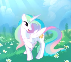 Size: 415x363 | Tagged: safe, artist:tomatocoup, princess celestia, alicorn, pony, female, flower, grass, happy, looking back, mare, missing accessory, raised hoof, smiling, solo