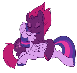 Size: 828x784 | Tagged: safe, artist:lulubell, derpibooru import, fizzlepop berrytwist, tempest shadow, twilight sparkle, twilight sparkle (alicorn), alicorn, pony, unicorn, my little pony: the movie, blushing, broken horn, cuddling, eye scar, female, horn, lesbian, mare, romantic, scar, shipping, simple background, snuggling, tempestlight, transparent background