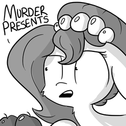 Size: 656x656 | Tagged: safe, artist:tjpones, oc, oc only, oc:brownie bun, earth pony, pony, horse wife, apple, cheek fluff, context is for the weak, cropped, dialogue, female, floppy ears, fluffy, frown, grayscale, horror, mare, monochrome, out of context, simple background, single panel, solo, white background, wide eyes