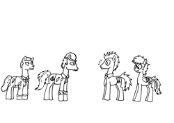 Size: 1168x828 | Tagged: safe, artist:skarius, derpy hooves, doctor whooves, earth pony, pegasus, pony, community, crossover, female, inspector spacetime, male, mare, monochrome, simple background, stallion, white background