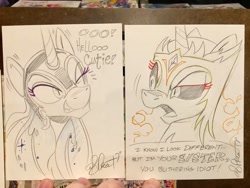 Size: 2048x1536 | Tagged: safe, artist:andypriceart, derpibooru import, daybreaker, nightmare moon, pony, andy you magnificent bastard, dialogue, evil princest, female, flirting, implied incest, incest, lesbian, lineart, mare, monochrome, princest, shipping, smiling, traditional art