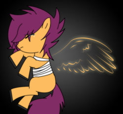 Size: 2200x2046 | Tagged: safe, artist:blowingbomb, scootaloo, pegasus, pony, amputation, bandage, crying, eyes closed, female, filly, high res, on side, sad, scootaloo can't fly, solo, wingless