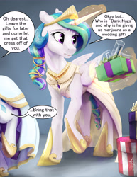 Size: 5100x6600 | Tagged: safe, artist:silfoe, derpibooru import, princess celestia, rarity, alicorn, pony, unicorn, absurd resolution, alternate hairstyle, bong, clothes, commission, dialogue, dress, drugs, female, floppy ears, glowing horn, lesbian, magic, mare, marijuana, present, rarilestia, shipping, telekinesis