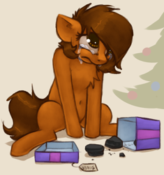 Size: 830x884 | Tagged: safe, artist:marsminer, derpibooru import, oc, oc only, oc:venus spring, pony, unicorn, chest fluff, christmas, christmas tree, coal, crossing the line twice, crying, female, heartbreak, holiday, mare, moral event horizon, present, pure unfiltered evil, sad, sitting, tearjerker, too far man, tree, we are going to hell