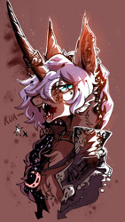 Size: 1839x3260 | Tagged: safe, artist:begasus, artist:goldenrainynight, derpibooru import, nightmare moon, alternate design, bust, clothes, collar, curved horn, ear piercing, earring, fangs, goth, horn ring, jacket, jewelry, piercing