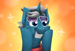 Size: 2907x2000 | Tagged: safe, artist:marsminer, pony, unicorn, abstract background, chubby cheeks, face, faic, fashion plate, fashion reaction, grin, smiling, solo, sparkles, squee, squishy cheeks, sunglasses