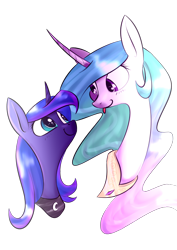 Size: 752x1063 | Tagged: safe, artist:sunbeampaintings, artist:underpable, derpibooru import, princess celestia, princess luna, alicorn, pony, collaboration, :p, curved horn, cute, cutelestia, duo, looking at each other, lunabetes, royal sisters, silly, simple background, tongue out, transparent background, weapons-grade cute