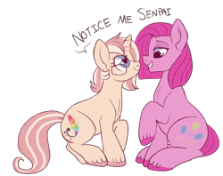 Size: 800x634 | Tagged: safe, artist:lulubell, bubble berry, bubblini davinci berry, pinkie pie, oc, oc:lulubell, earth pony, pony, canon x oc, female, male, notice me senpai, pinkamena diane pie, rule 63, shipping, simple background, straight, transparent background