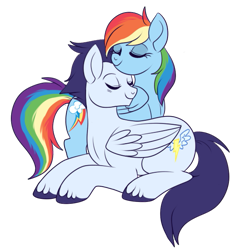 Size: 529x557 | Tagged: safe, artist:lulubell, rainbow dash, soarin', pegasus, pony, cuddling, female, male, old cutie mark, shipping, simple background, snuggling, soarindash, straight, transparent background, unshorn fetlocks