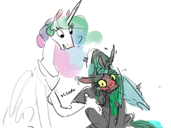 Size: 1148x858 | Tagged: safe, artist:alumx, derpibooru exclusive, derpibooru import, princess celestia, queen chrysalis, alicorn, changeling, changeling queen, pony, adorasexy, adorkable, blushing, blushing profusely, chryslestia, clop, cute, cutealis, cutelestia, derp, dork, dorkalis, female, holding hooves, horn, lesbian, lewd, nervous, onomatopoeia, question mark, sexy, shaking, shipping, simple background, sweat, white background, wings