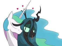 Size: 1461x1074 | Tagged: safe, artist:moonatik, derpibooru import, princess celestia, queen chrysalis, alicorn, changeling, changeling queen, pony, chryslestia, cute, cutealis, eyeshadow, fangs, female, gift art, heart, lesbian, love, makeup, shipping, simple background, tongue out, transparent background